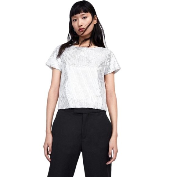 Zara COMBINED SEQUIN BLOUSE T-Shirt Top White/Silver Size XS - Picture 2 of 4